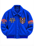 Royal blue Diplomats wool varsity jacket with embroidered The Set plate, eagle crest and Harlem NYC sleeve hits