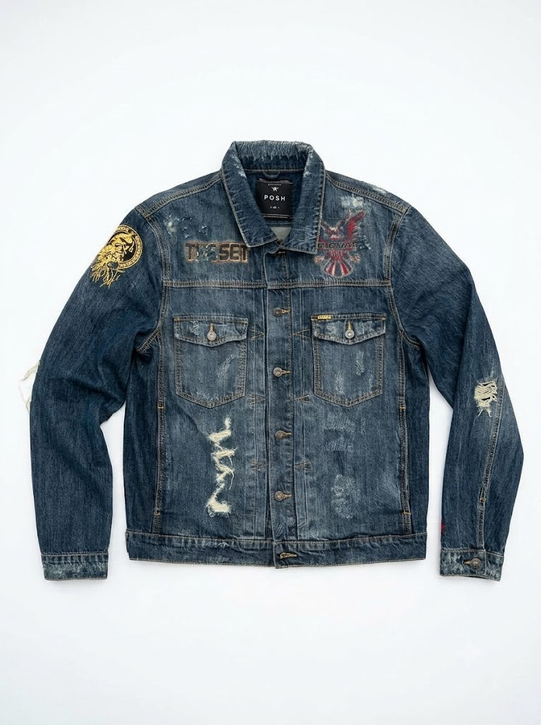 A distressed dark blue denim jacket from Fosso, featuring a button-up front, chest flap pockets, ripped details, and embroidered patches on the sleeves and chest, laid flat against a white background.