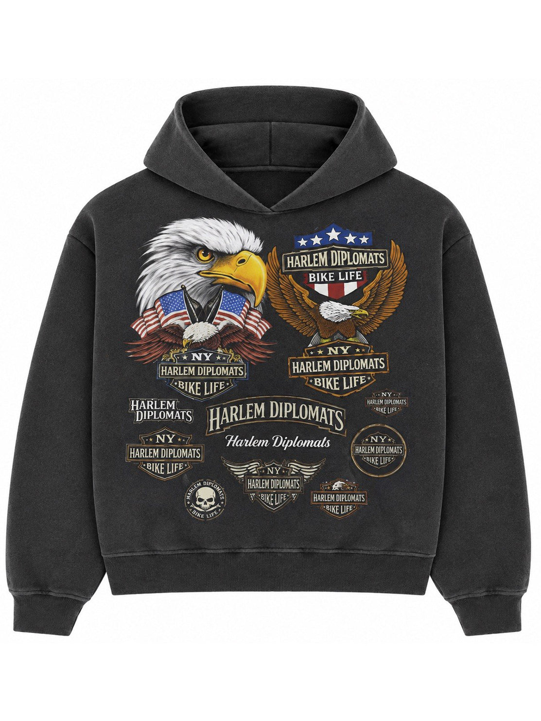 Harlem Diplomats "Bike Life" Vintage Biker Print Hoodie – Washed Black