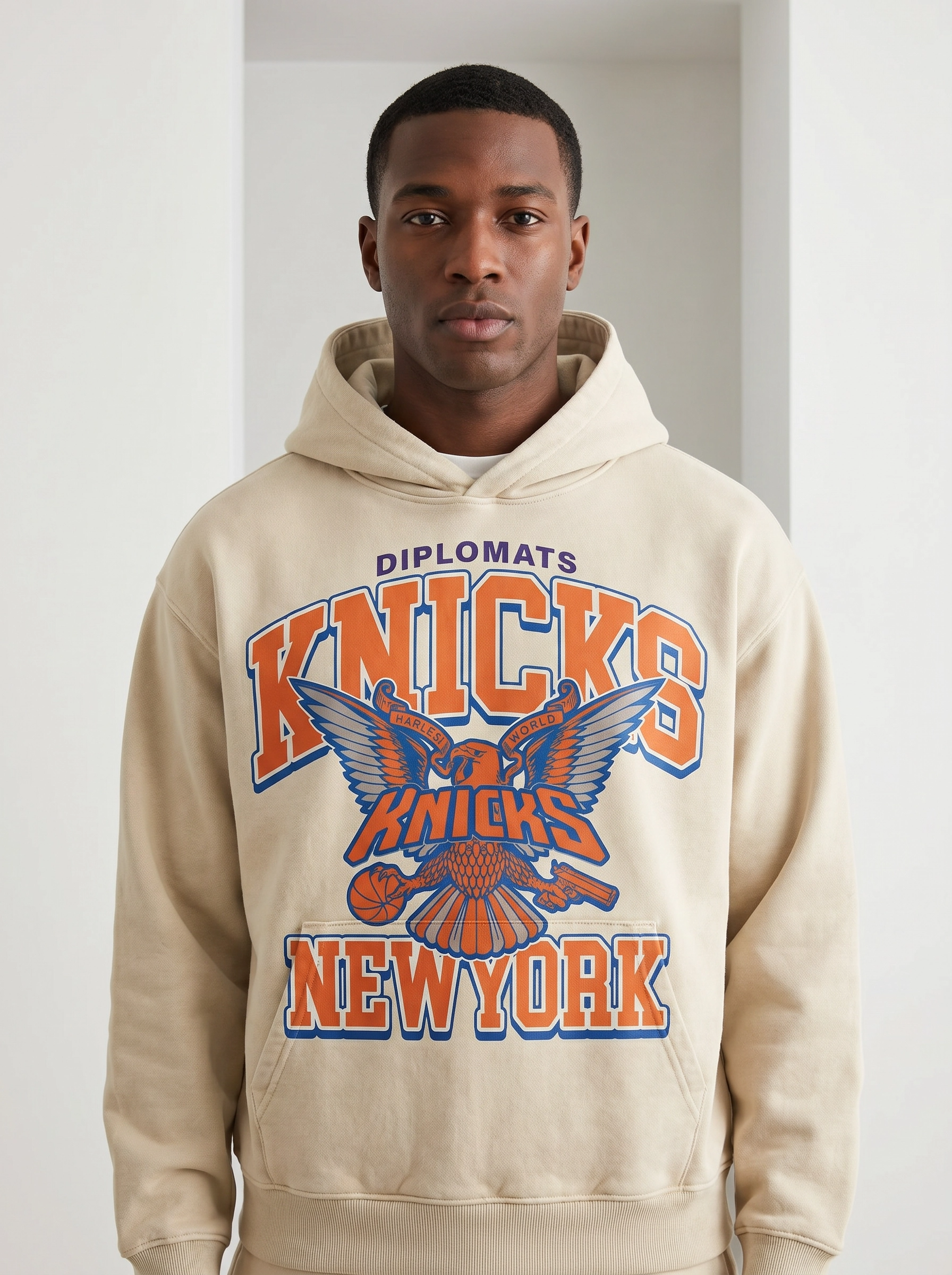 Diplomats" NY Knicks Jumbo Graphic Heavyweight Hoodie - Vintage Cream