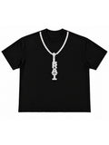 Washed black Let's Rap About It tee with printed iced tennis chain and stacked LRAI pendant graphic at the chest