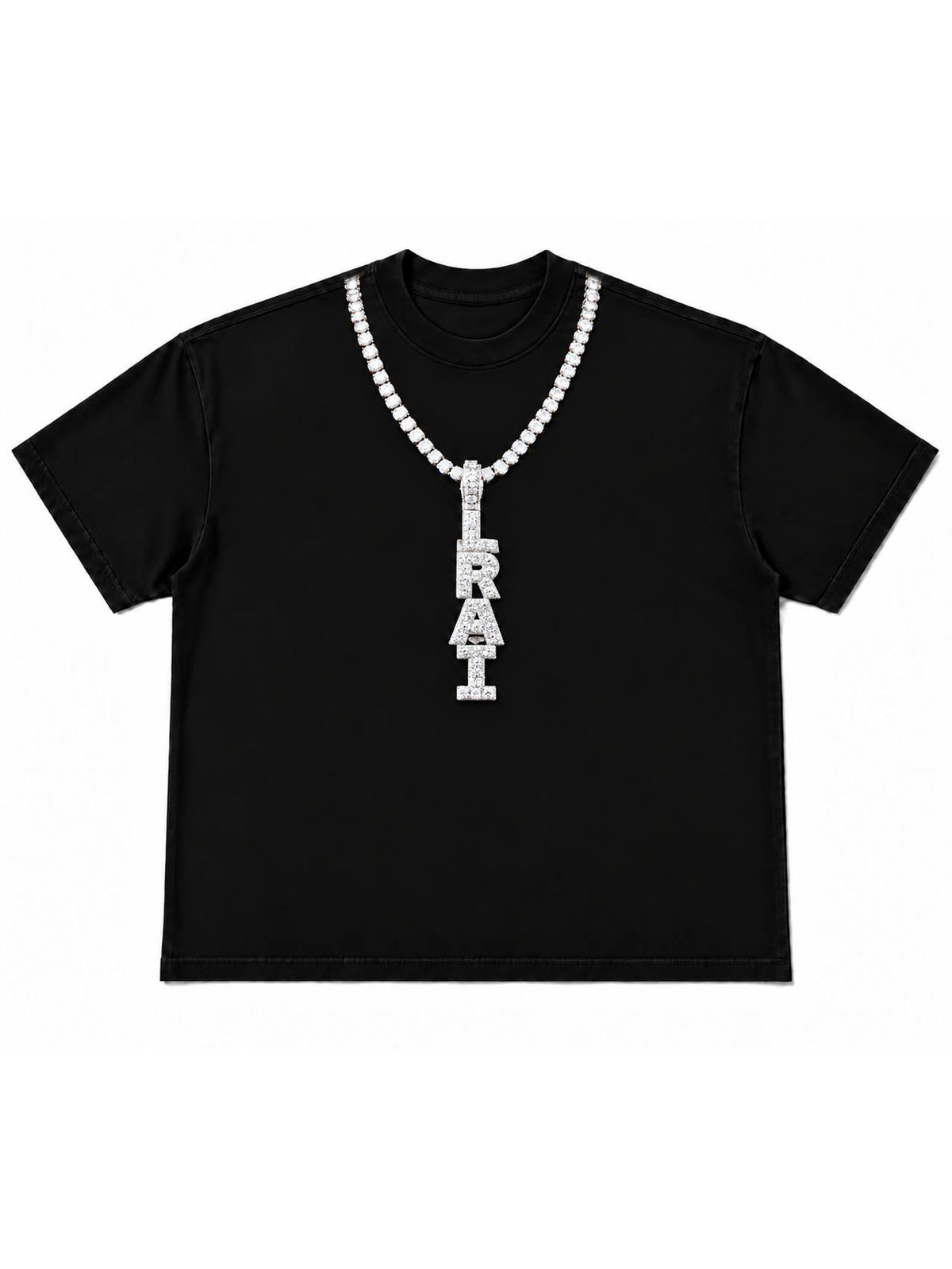 Washed black Let's Rap About It tee with printed iced tennis chain and stacked LRAI pendant graphic at the chest