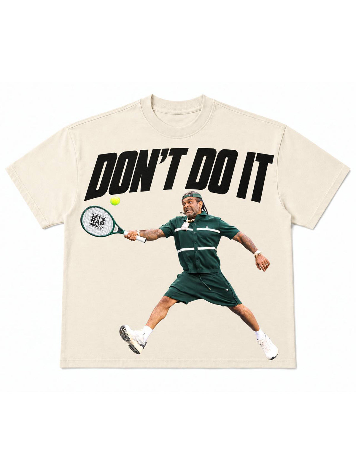 Vintage cream Let's Rap About It tee with jumbo print of tennis player mid-swing and Don't Do It graphic in black block type