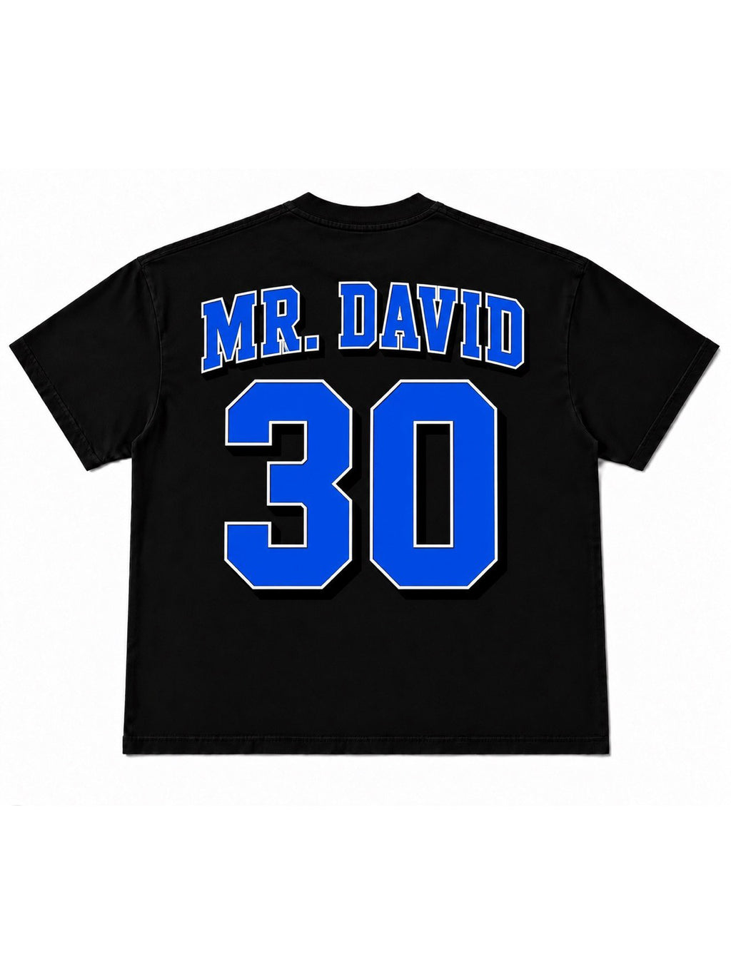 Washed black Let's Rap About It tee back with blue Mr. David collegiate print and number 30