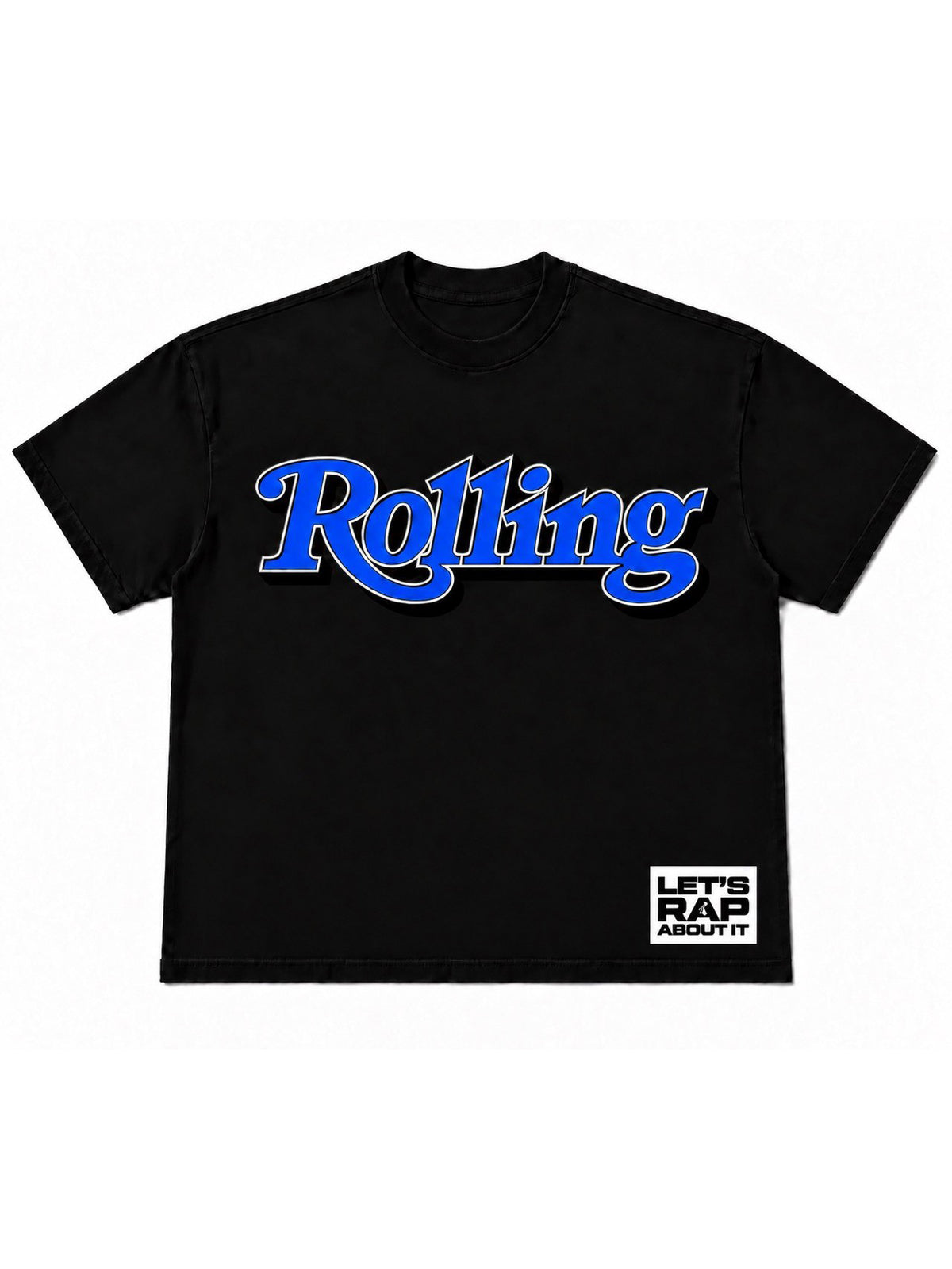 Washed black Let's Rap About It tee with blue Rolling script print and boxed logo at the hem