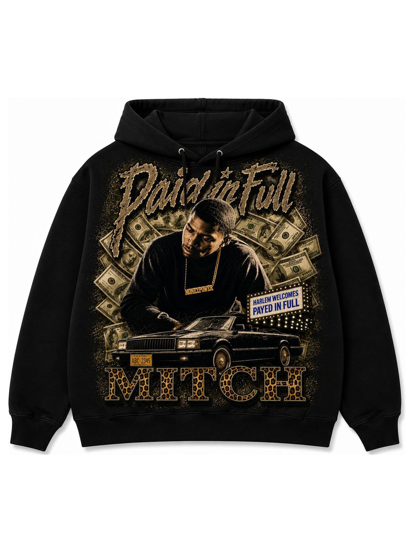 "Paid In Full" Mitch Money Graphic Hoodie – Vintage Bootleg Streetwear Pullover, Jumbo Print, Black