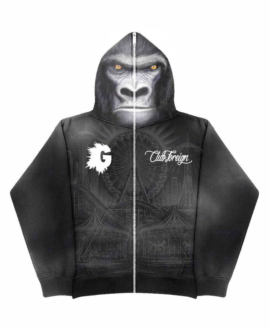 Club Foreign x Nems FYL: "Gorilla Monsoon" Full-Zip Hoodie – Washed Black