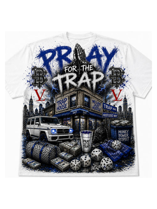White oversized cotton graphic t-shirt with 'Pray For The Trap' streetwear design by Dyce Payso, featuring trap house scene, G-Wagon, and jumbo screen print detail"