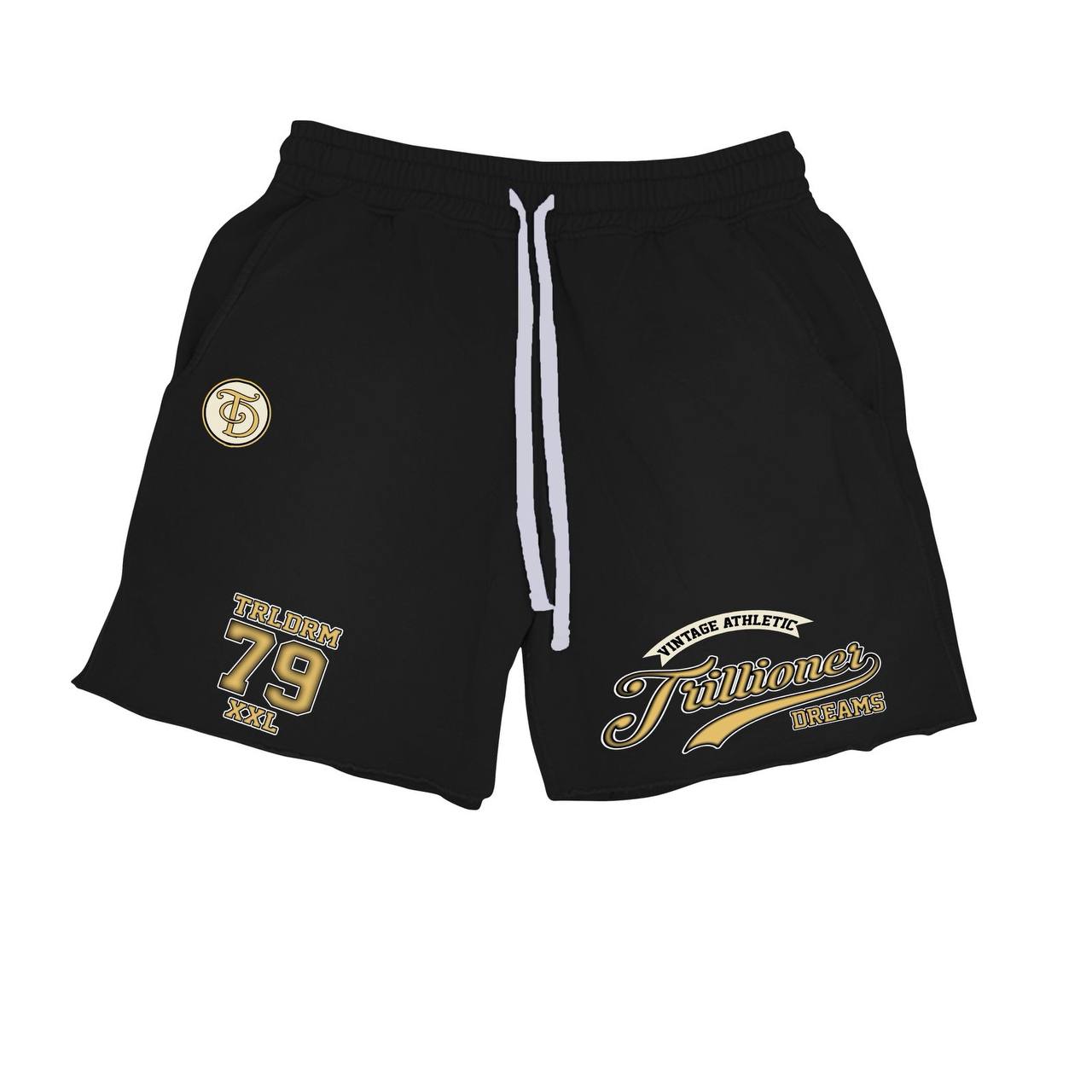 Black athletic shorts with white drawstrings, featuring gold and white printed graphics on both legs, including a circular crest on the left thigh and 'Tritioners' text on the right thigh.