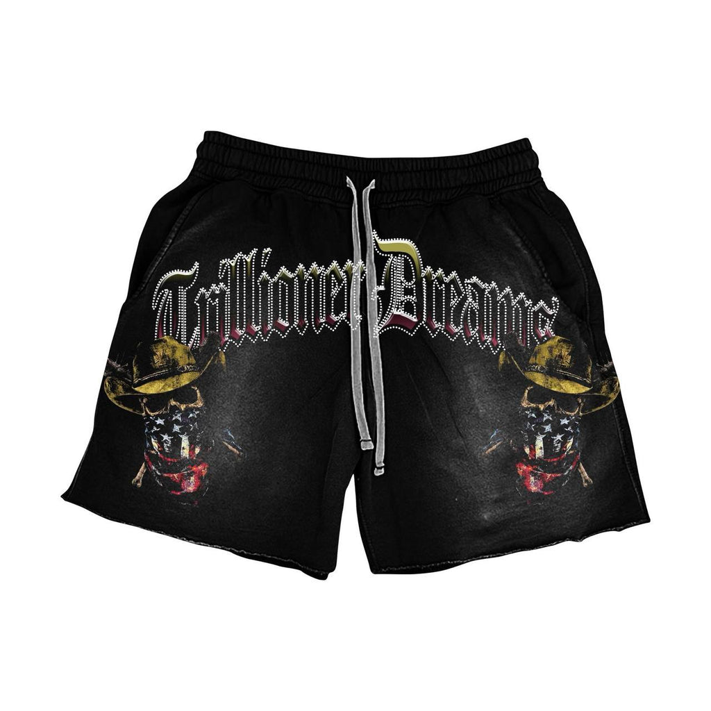 Trillioner Dreams Cowboy Skull Gunslinger Tee & Shorts Set – Vintage Wash Streetwear Outfit, Black