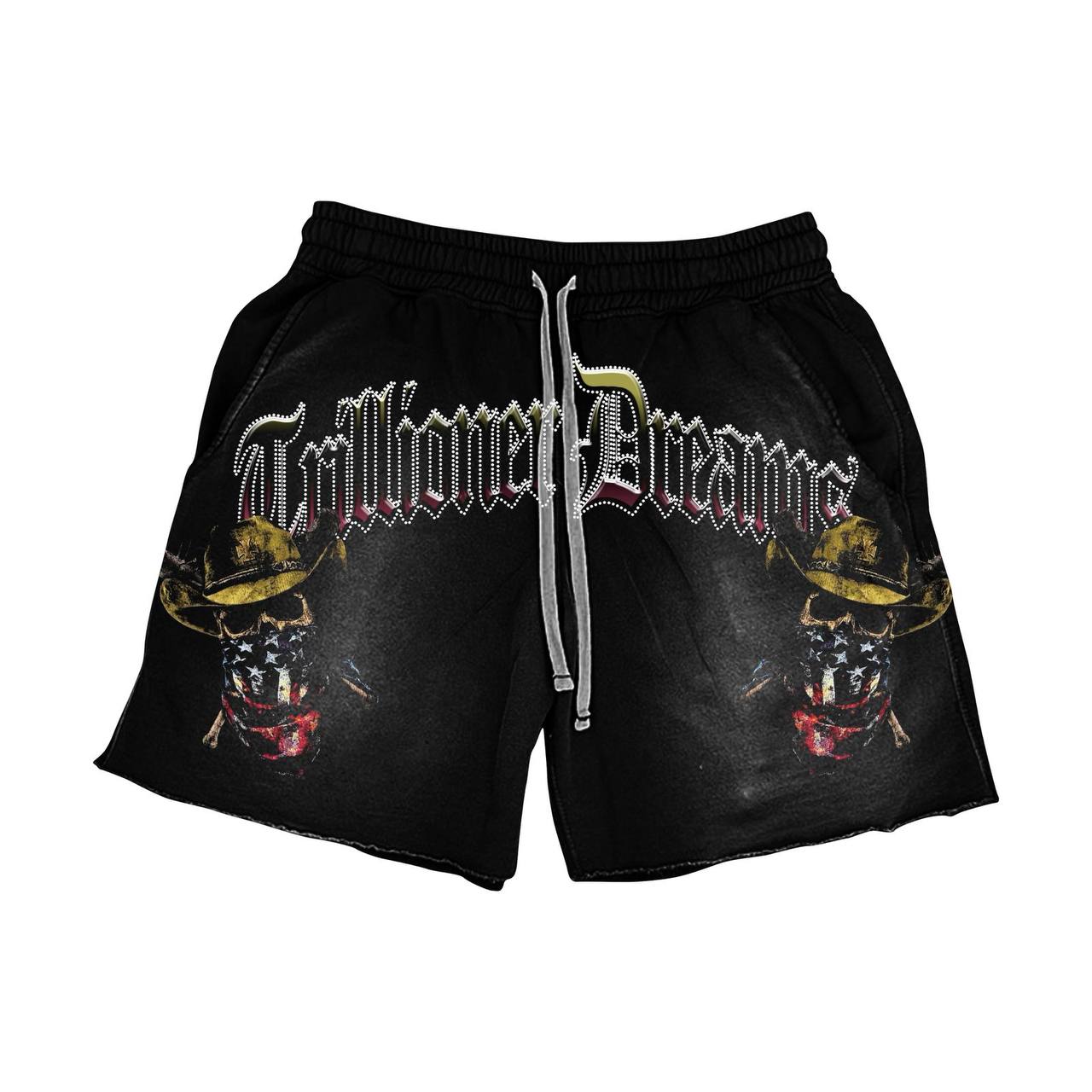 Trillioner Dreams Cowboy Skull Gunslinger Tee & Shorts Set – Vintage Wash Streetwear Outfit, Black