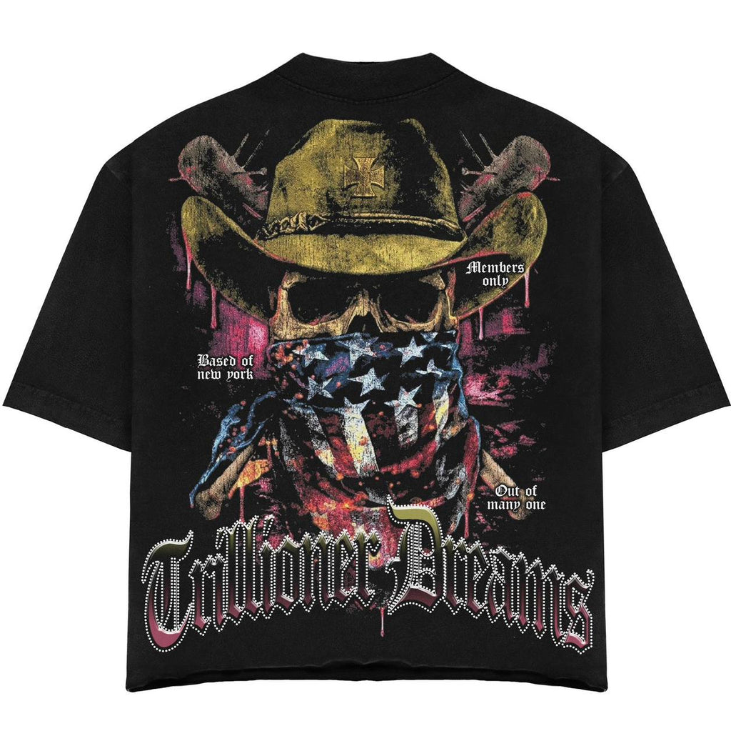 Trillioner Dreams Cowboy Skull Gunslinger Tee & Shorts Set – Vintage Wash Streetwear Outfit, Black