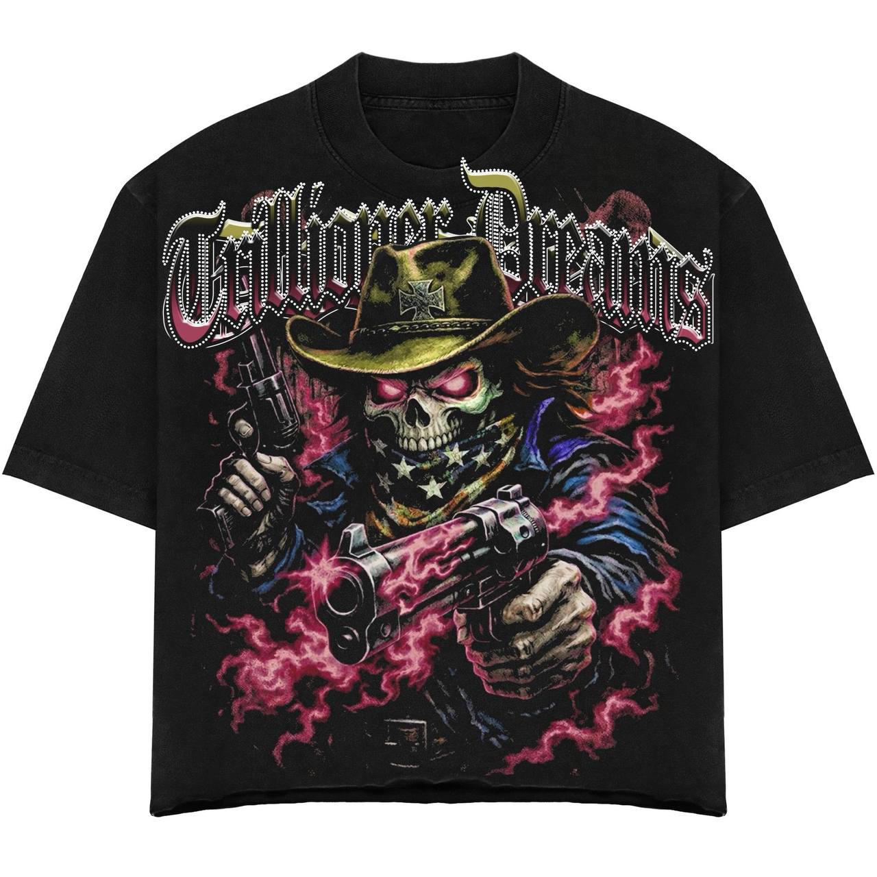 Trillioner Dreams Cowboy Skull Gunslinger Tee & Shorts Set – Vintage Wash Streetwear Outfit, Black