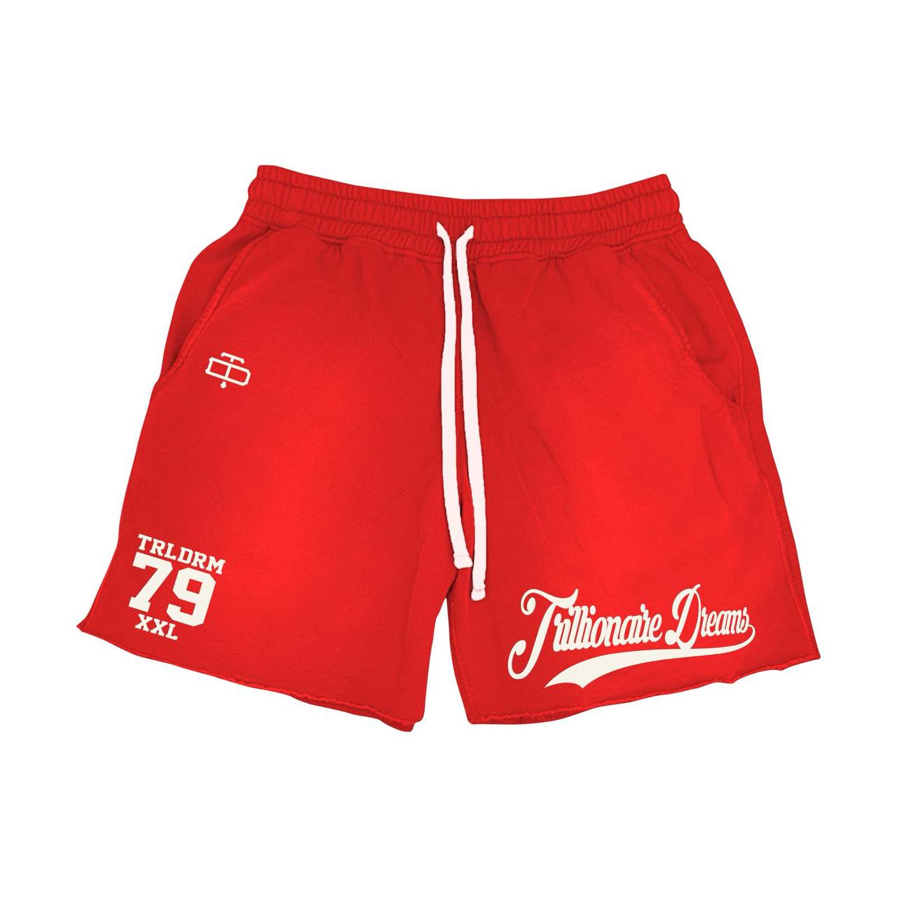 Red athletic shorts with white drawstrings, featuring 'TRIDERM 79 XXL' on the left leg and 'Trillionaire Dreams' script on the right leg, shown against a plain white background.