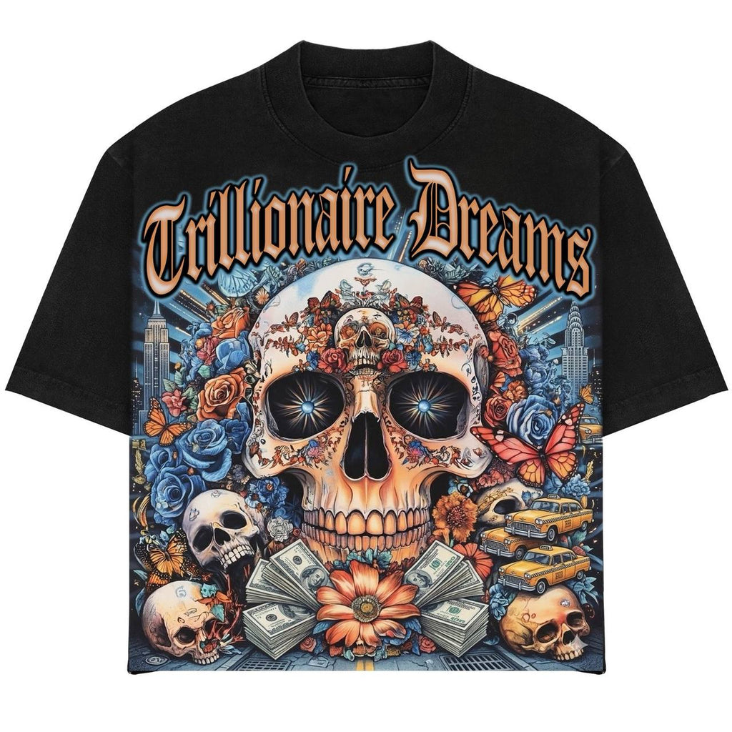 Black boxy graphic t-shirt from Trillionaire Dreams Floral Skull matching set, featuring gothic logo and detailed skull artwork"