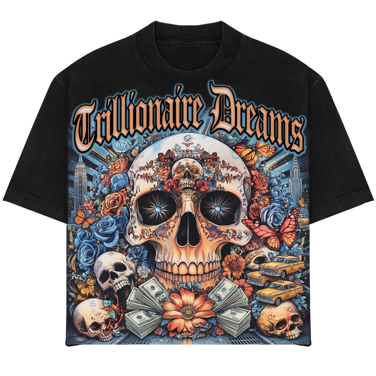 Black boxy graphic t-shirt from Trillionaire Dreams Floral Skull matching set, featuring gothic logo and detailed skull artwork"