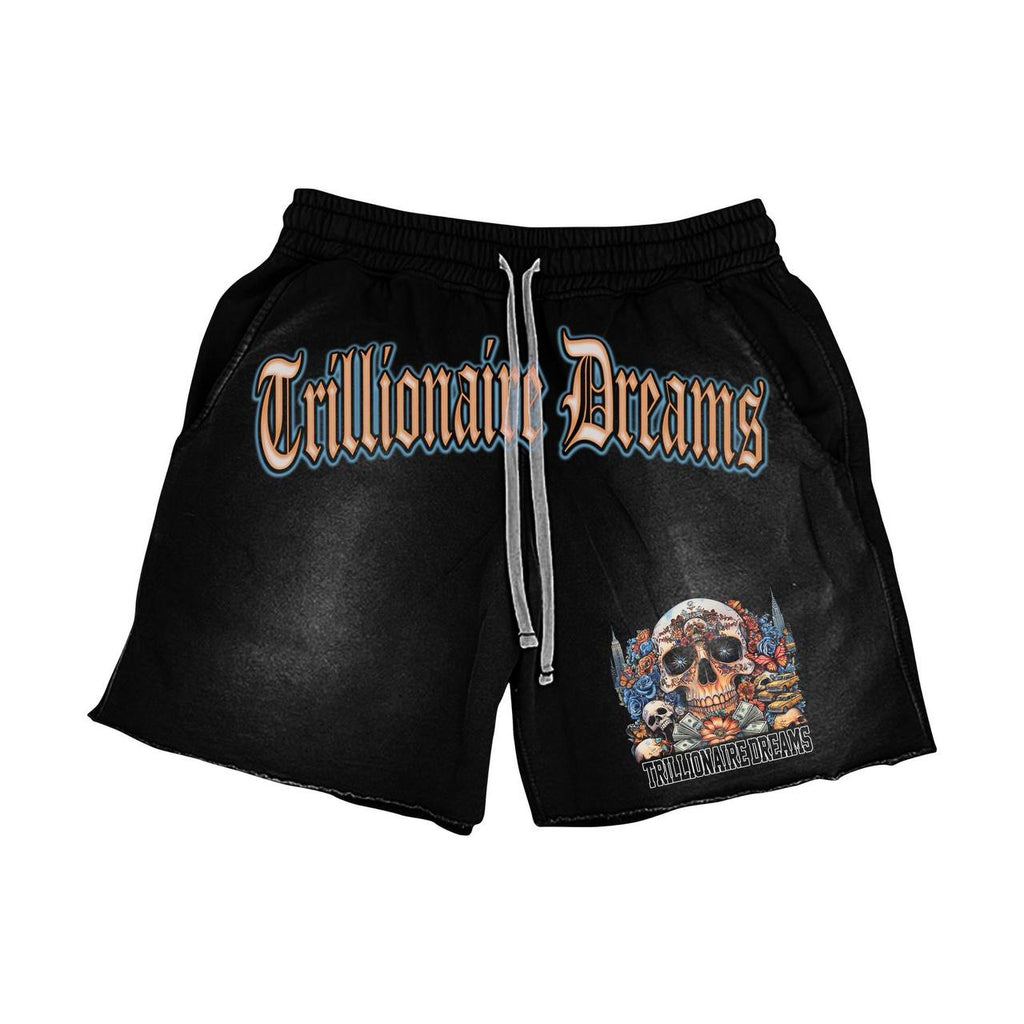 Black fleece shorts from Trillionaire Dreams Floral Skull matching set with gothic script logo and skull graphic detail"