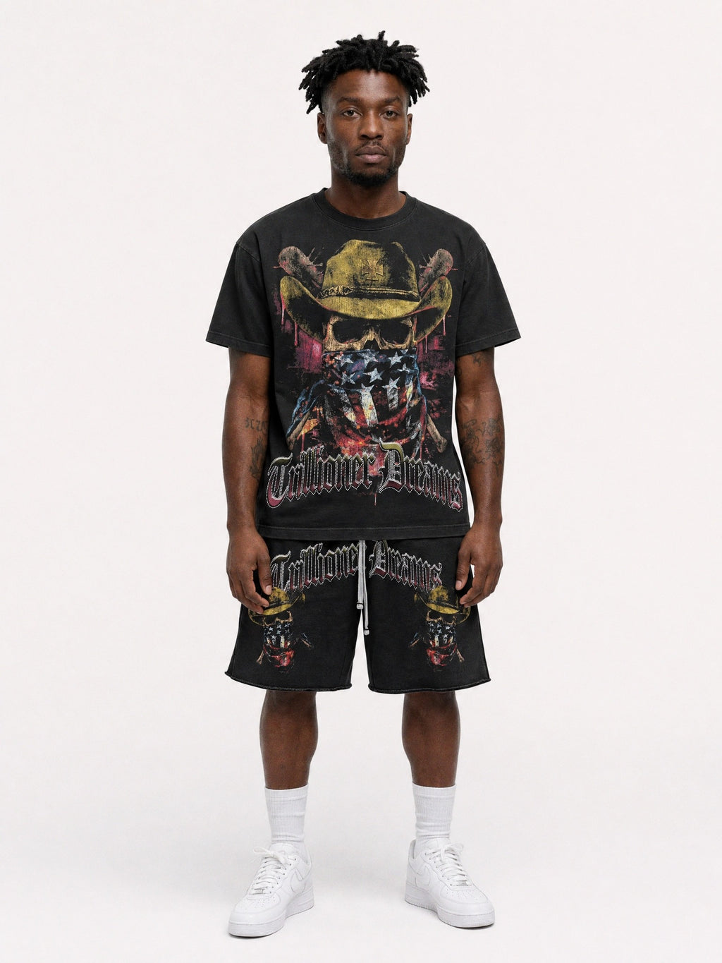 Trillioner Dreams Cowboy Skull Gunslinger Tee & Shorts Set – Vintage Wash Streetwear Outfit, Black