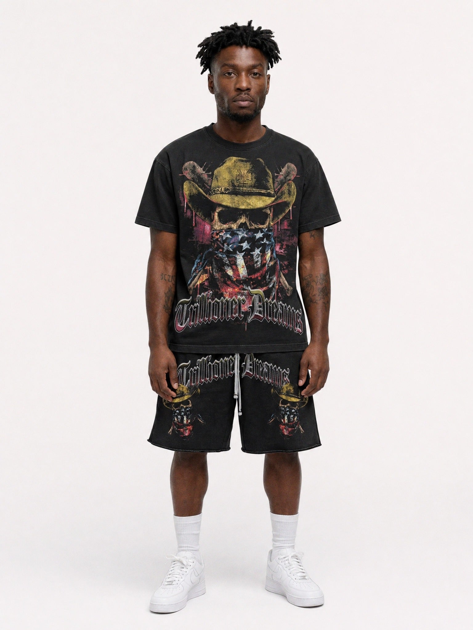 Trillioner Dreams Cowboy Skull Gunslinger Tee & Shorts Set – Vintage Wash Streetwear Outfit, Black