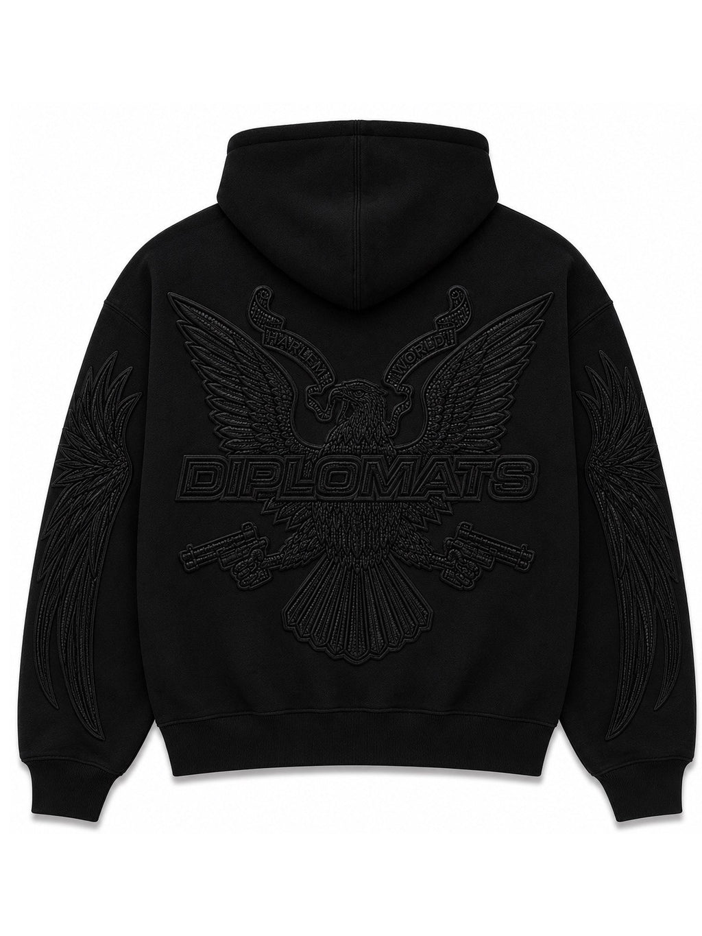 Black Diplomats hoodie back with large tonal embroidered Harlem World eagle, Diplomats wordmark and crossed pistols