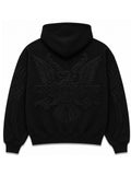 Black Diplomats hoodie back with large tonal embroidered Harlem World eagle, Diplomats wordmark and crossed pistols