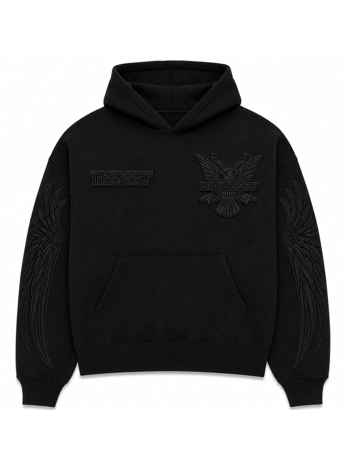 Black Diplomats hoodie front with tonal embroidered The Set wordmark, Diplomats eagle crest and full-length wing embroidery on sleeves