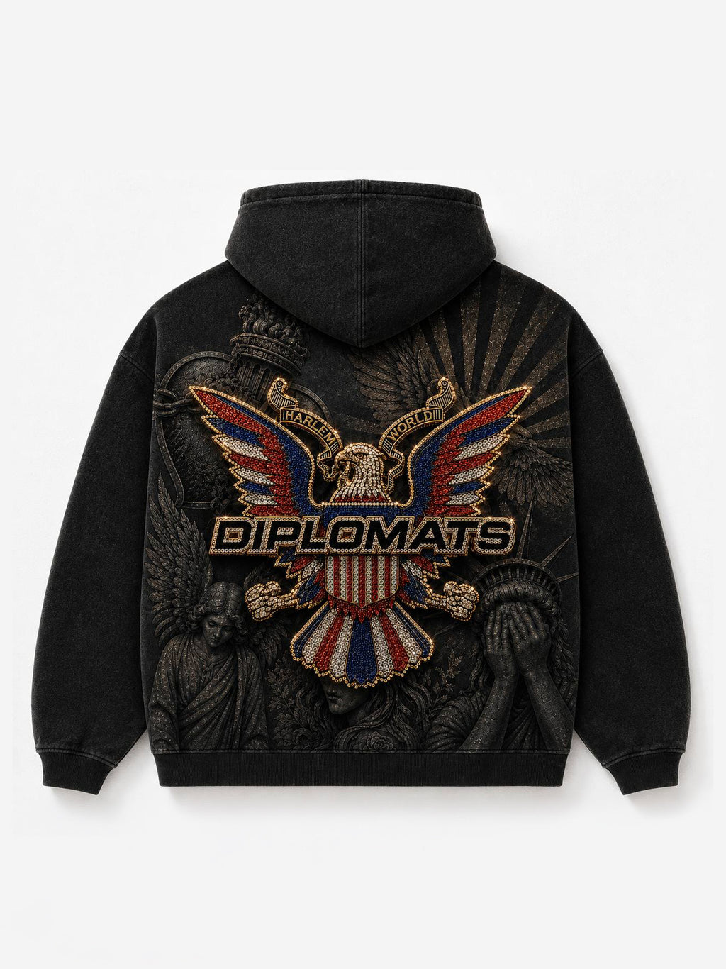 Stone washed black Diplomats hoodie front with all-over print of carved angels, Statue of Liberty, red rose and iced Harlem World eagle crest