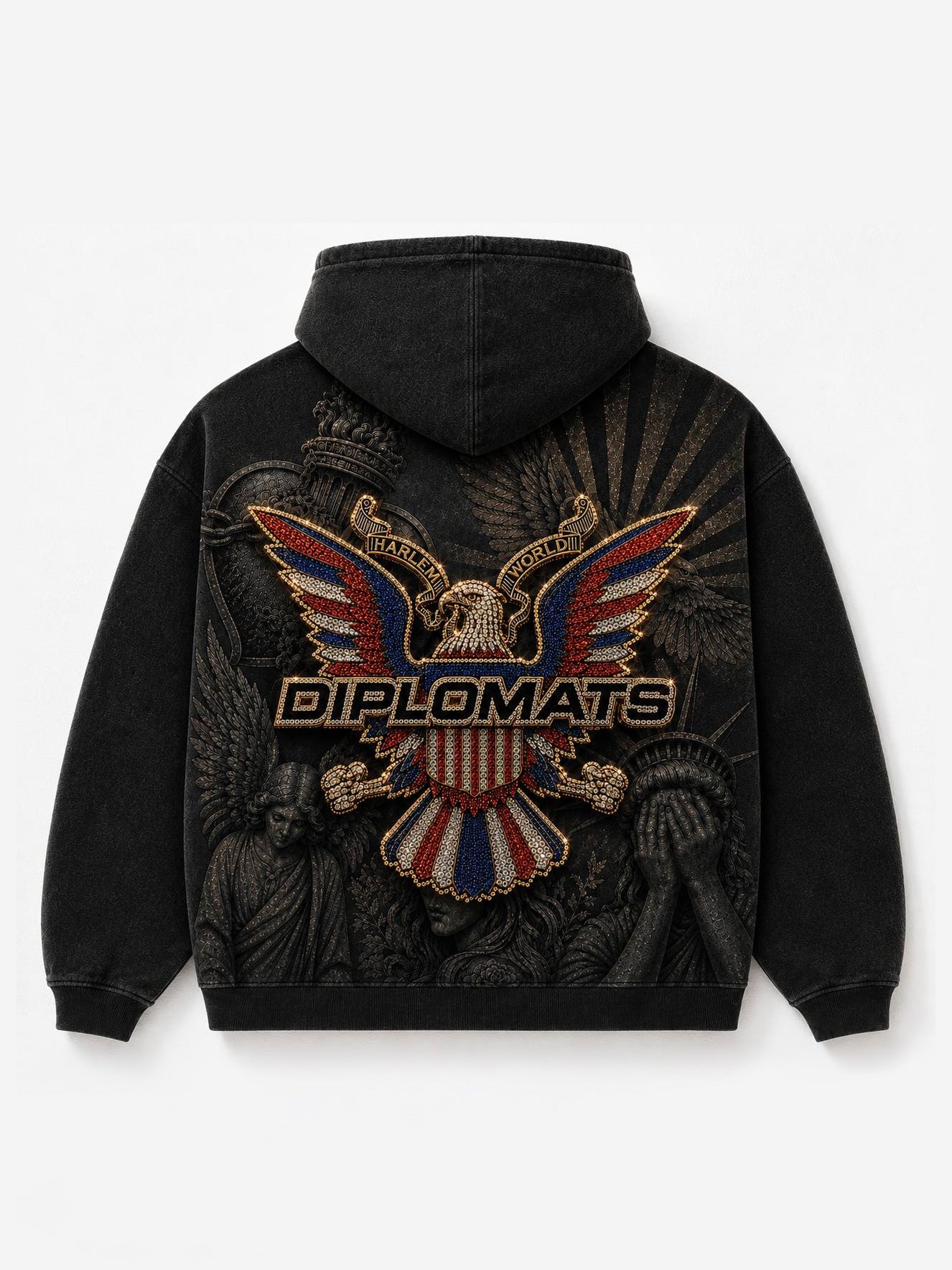 Stone washed black Diplomats hoodie front with all-over print of carved angels, Statue of Liberty, red rose and iced Harlem World eagle crest