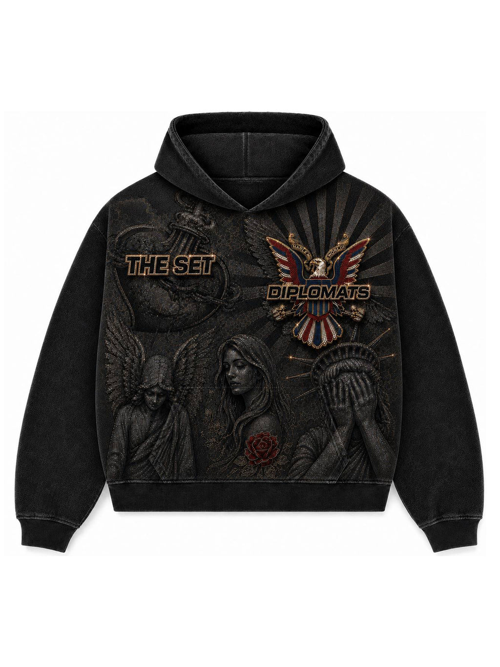 Stone washed black Diplomats hoodie back with large iced-out Harlem World eagle crest and Diplomats wordmark over carved stone artwork