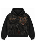 Stone washed black Diplomats hoodie back with large iced-out Harlem World eagle crest and Diplomats wordmark over carved stone artwork