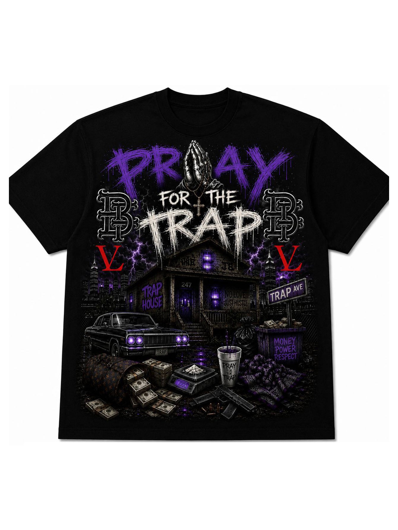 A black short-sleeve graphic t-shirt featuring a detailed street-style illustration with the text 'PRAY FOR THE TRAP' in purple and white, alongside a car, cash, and purple lightning accents.