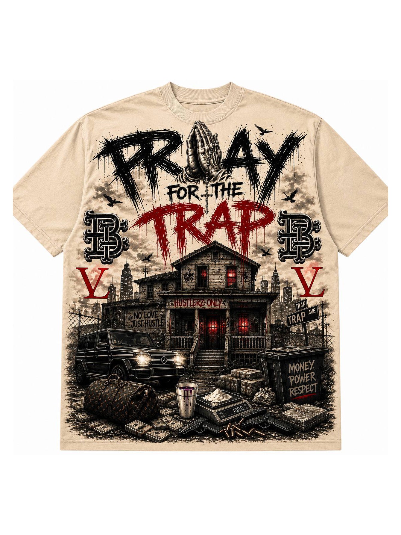 A beige short-sleeve t-shirt with a large graphic print on the front. The design features the text 'PRAY FOR THE TRAP' in black and red distressed lettering above a detailed black and red illustration of a trap house, a vehicle, cash, and stacks of money.